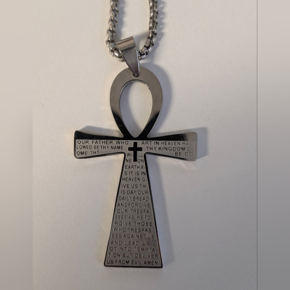 Engraved Ankh Cross Pendant in Silver-Tone